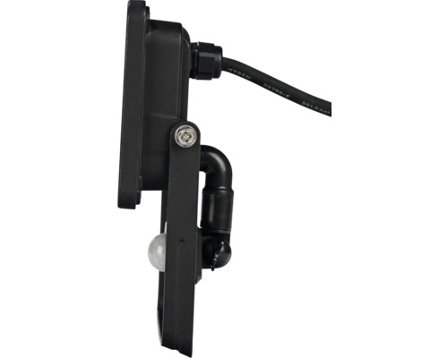 Vue latérale d''un projecteur LED noir avec détecteur de mouvement et connexion de câble
