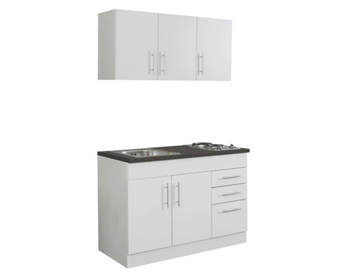 Kompakte Küchenzeile mit Spüle, Kochfeld und Hängeschrank