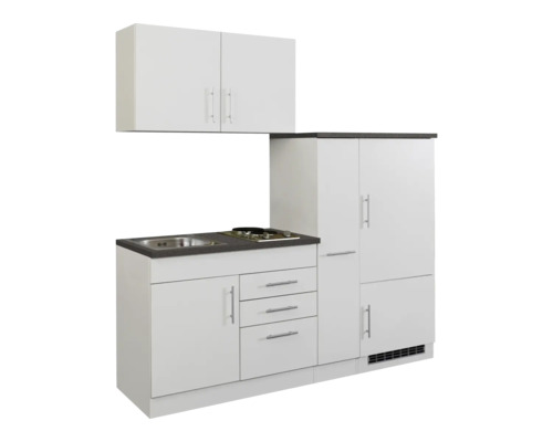 Mini-cuisine complète avec évier, plaque de cuisson, réfrigérateur et armoire suspendue
