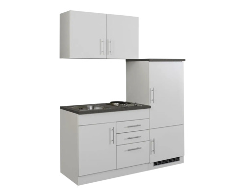 Kompakte Küchenzeile mit Spüle, Kochfeld, Kühlschrank und Hängeschrank