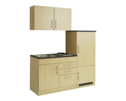 Cuisine de service avec évier, plaque de cuisson, réfrigérateur et armoire suspendue