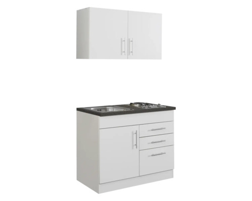 Kompakte Küchenzeile mit Spüle, Kochfeld, Unterschrank und Hängeschrank