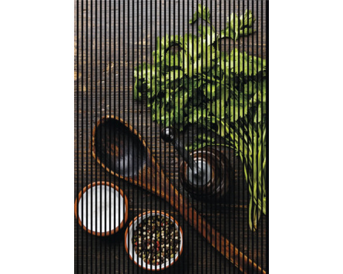 Akustikpaneel digital bedruckt Gewürze 1 2400 x 1693 x 19 mm Set = 3 Einzelpaneele Stillleben mit Kräutern, Mörser, Salz, Pfeffer und Holzlöffel