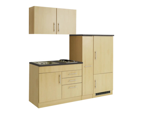 Cuisine compacte avec évier, plaque de cuisson, meubles bas, tiroirs, armoire haute et meuble haut pour petits espaces