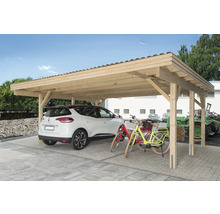Holzcarport mit Auto und Fahrrädern