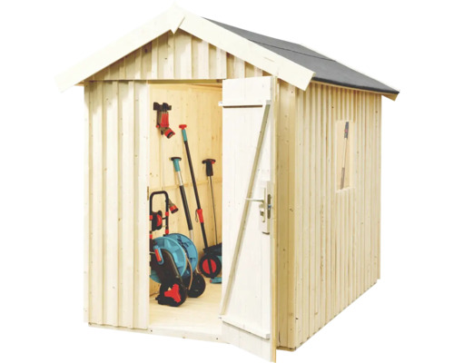 Gartenhaus aus Holz mit geöffneter Tür und Gartengeräten