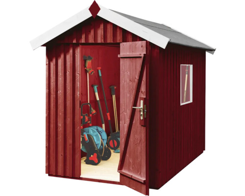 Abri de jardin avec porte ouverte et outils de jardinage