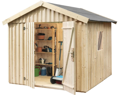 Offener Holz Geräteschuppen mit Regalen und Gartengeräten