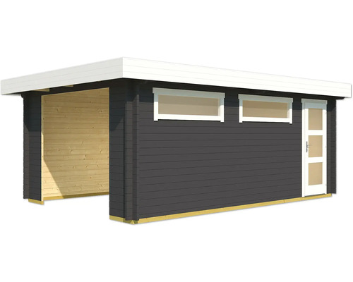 Abri de jardin en bois avec abri voiture, deux fenêtres et une porte