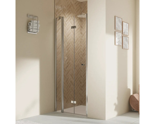 Porte de douche dans niche avec porte pivotante pliante avec partie fixe BREUER Elana 2.0 100 x 200 cm couleur du profilé rond chrome décor de vitre verre transparent butée de porte à gauche poignée tampon