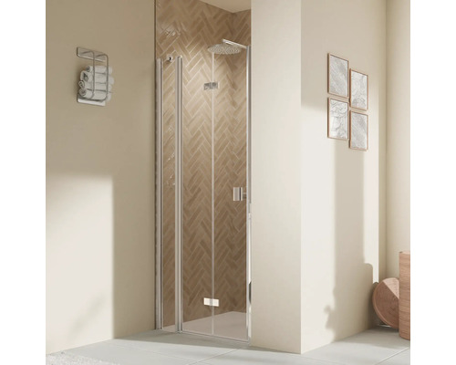 Porte de douche dans niche avec porte pivotante avec partie fixe BREUER Elana 2.0 90 x 200 cm couleur du profilé carré chrome décor de vitre verre transparent butée de porte à gauche poignée tampon