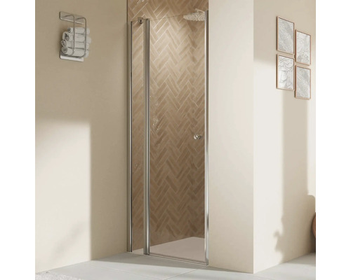 Porte de douche dans niche avec porte pivotante avec partie fixe BREUER Elana 2.0 100 x 200 cm couleur du profilé rond blanc décor de vitre verre transparent butée de porte à gauche