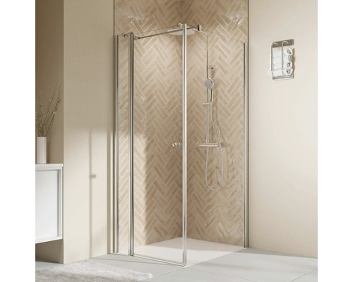 Porte de douche pour paroi latérale avec porte pivotante sur partie fixe BREUER Elana 2.0 90 x 200 cm couleur du profilé rond argent décor de vitre verre transparent butée de porte à gauche