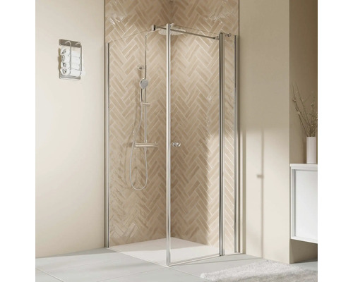 Porte de douche pour paroi latérale avec porte pivotante sur partie fixe BREUER Elana 2.0 90 x 200 cm couleur du profilé rond chrome décor de vitre verre transparent butée de porte à droite