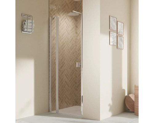 Porte de douche dans niche avec porte pivotante avec partie fixe BREUER Elana 2.0 100 x 200 cm couleur du profilé carré noir décor de vitre verre transparent butée de porte à gauche