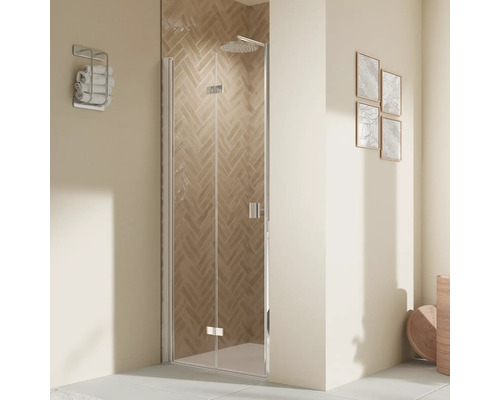 Porte de douche dans niche avec porte pivotante pliante BREUER Elana 2.0 80 x 200 cm couleur du profilé carré argent décor de vitre verre transparent butée de porte à gauche poignée tampon