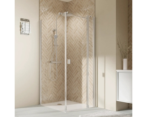 Porte de douche pour paroi latérale avec porte pivotante sur partie fixe BREUER Elana 2.0 100 x 200 cm couleur du profilé carré blanc décor de vitre verre transparent butée de porte à droite