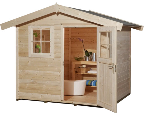 Holzgartenhaus mit geöffneter Tür und Fenster.