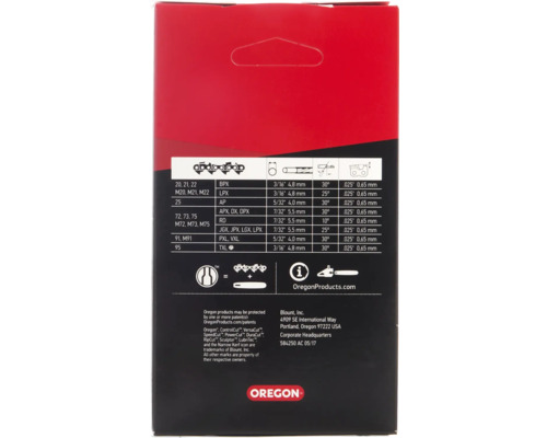 Verpackungsrückseite einer Oregon Sägekette mit technischen Details und Oregon Logo