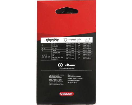 Dos de l''emballage d''une chaîne de tronçonneuse Oregon avec données techniques et informations sur le fabricant