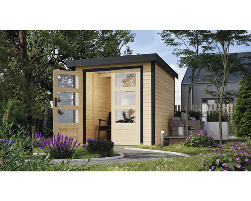 Scène de jardin avec cabane de jardin en bois avec portes vitrées et toit monopente