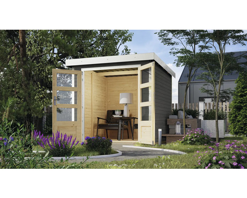 Abri de jardin Karibu Metalwood tôle blanc 228,4 x 236,5 cm gris terre cuite Jardin avec cabanon de jardin en bois moderne, portes vitrées ouvertes et coin salon