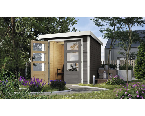 Modernes Gartenhaus mit Flügeltür und Schiebetür aus Holz im Garten