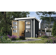Jardin avec cabanon de jardin moderne en bois avec portes vitrées