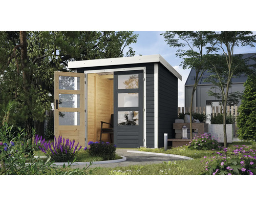 Jardin avec cabanon de jardin moderne en bois avec portes vitrées