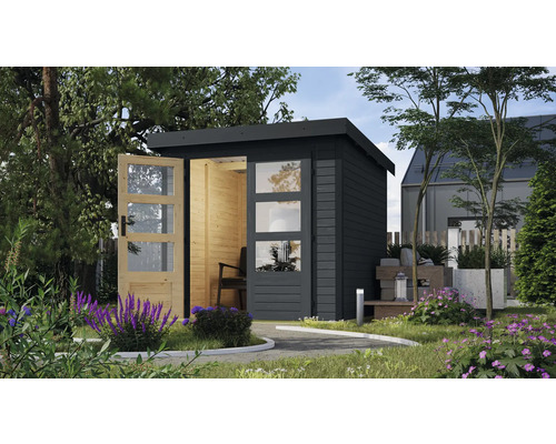 Abri de jardin Karibu Metalwood tôle anthracite 228,4 x 236,5 cm anthracite Jardin avec cabanon de jardin moderne avec portes vitrées et revêtement en bois