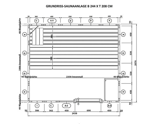 Grundriss einer Saunaanlage mit den Massen 244 x 208 Zentimeter.