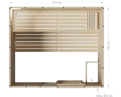 Draufsicht einer Sauna mit den Maßen 244 mal 208 Zentimeter