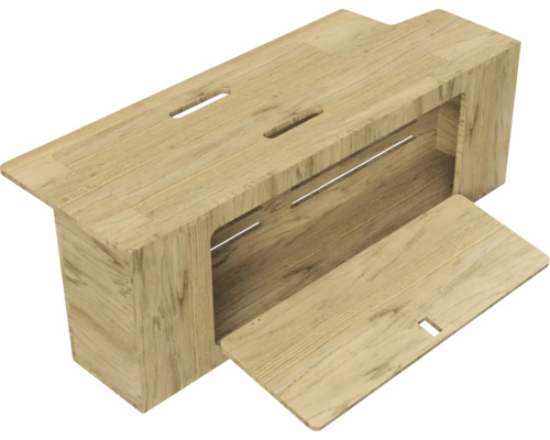 Table d''appoint couleur bois avec rabat ouvert et compartiments