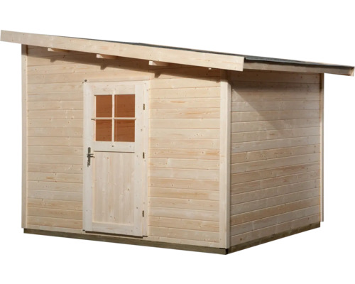 Holzgartenhaus mit Pultdach und Tür mit Fenstern