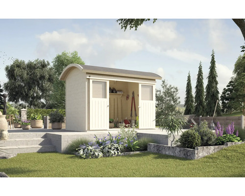 Abri de jardin weka abri à porte coulissante 228 avec plancher 344 x 241 cm nature Abri de jardin en bois avec portes coulissantes et outils de jardin dans le jardin