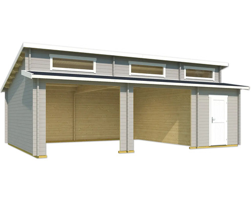 Doppelcarport aus Holz mit Seitentür und Fenstern