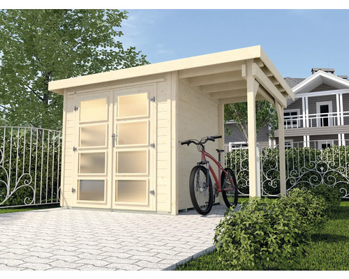 Gartenhaus weka 321 A Gr. 1 inkl. Fussboden, Dachanbau 337 x 237 cm natur Holzgartenhaus mit Doppeltür und Fahrradunterstand