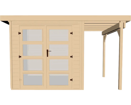 Holzgartenhaus mit Doppeltür und Anbau