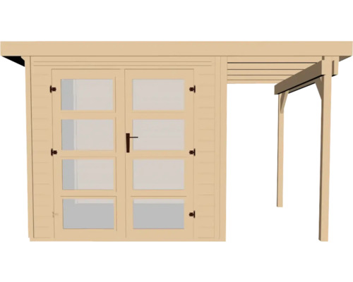 Gartenhaus aus Holz mit Doppeltür und Anbau