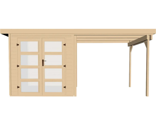 Abri de jardin en bois avec double porte et auvent latéral