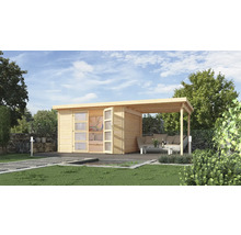 Holzgartenhaus mit überdachter Terrasse im Garten