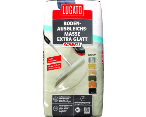 Enduit de ragréage pour sol Lugato Extra lisse rapide 20 kg Sac de masse d''égalisation de sol Lugato Extra Lisse Rapide avec masse d''égalisation et outil