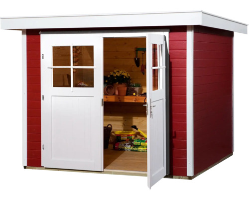 Abri de jardin avec double porte ouverte et étagères