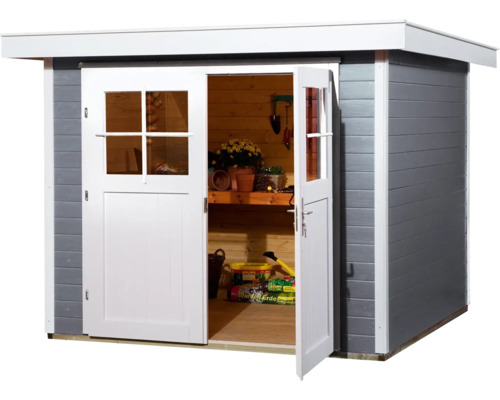 Abri de jardin avec portes doubles ouvertes, équipé d''outils de jardinage et de plantes