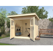 Abri de jardin en bois avec portes doubles ouvertes et outils de jardin