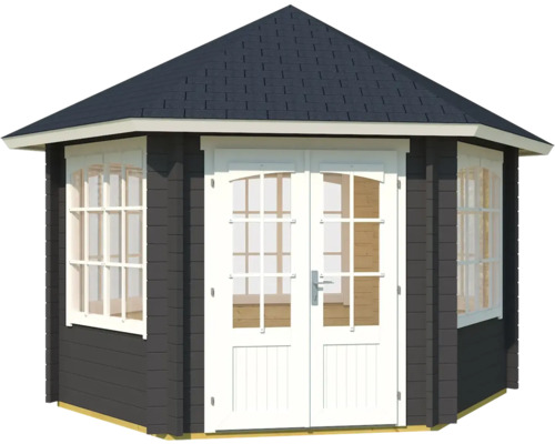 Pavillon hexagonal avec fenêtres et porte double.