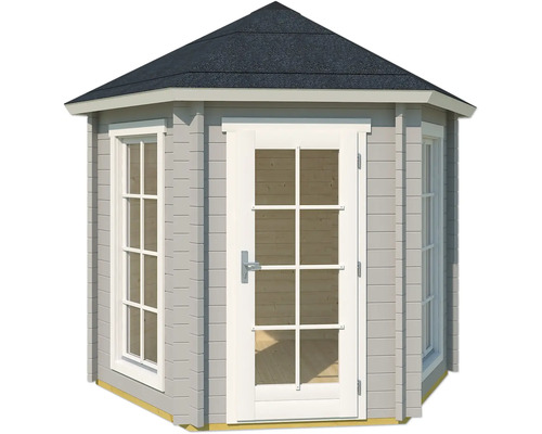 Abri de jardin hexagonal avec fenêtres et porte.