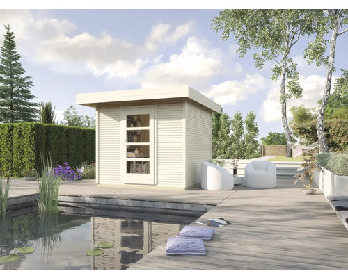 Abri de jardin weka abri design 172 T. 1 avec plancher 249 x 284 cm nature Abri de jardin en bois avec porte-fenêtre à côté d''un étang sur une terrasse en bois