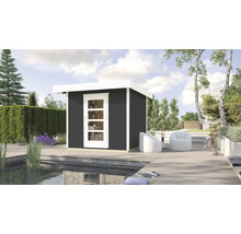 Maison de jardin moderne en bois avec toit plat et porte vitrée à côté d''un étang