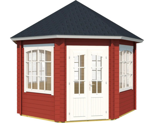 Pavillon de jardin hexagonal en bois avec fenêtres et double porte.